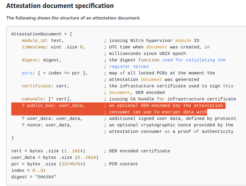 There is an optional field **public_key** in the attestation document