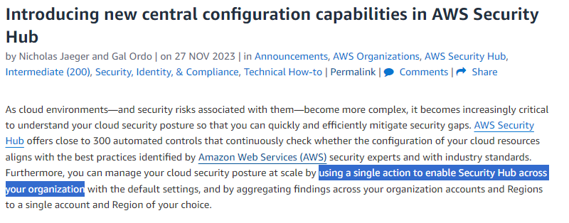 AWS blog claimed we can enable Security Hub across organization using a single action