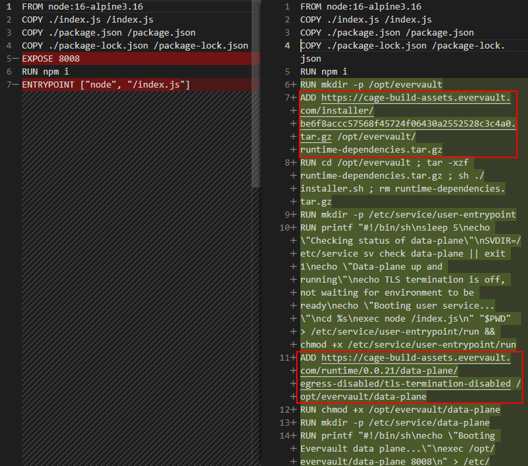 Comparison between original Dockerfile and the version ev-cage has modified